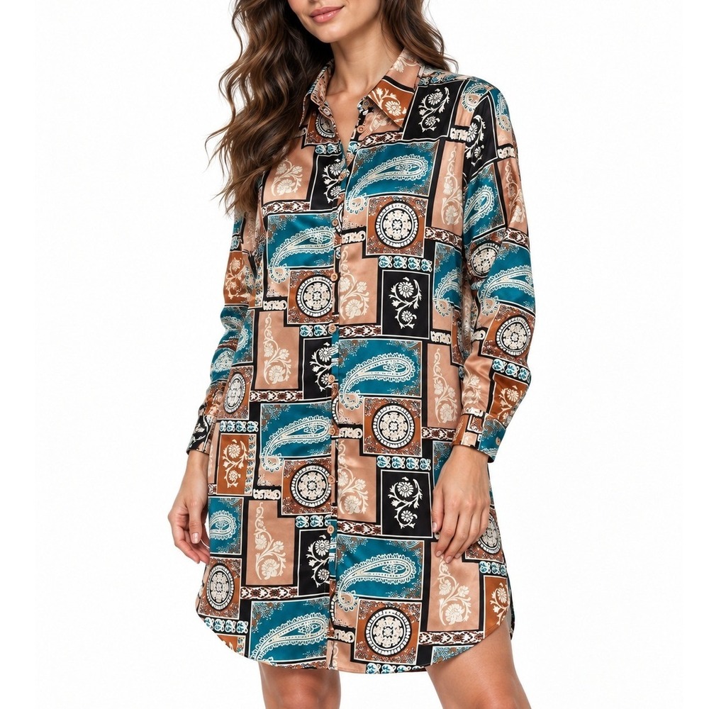 Women's Satin Shirt Dress Brown Teal Size M Paisley Patchwork Y2K Button Front